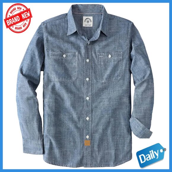 Men's Long Sleeve Cotton Chambray Button Down Work Shirt with Pockets
